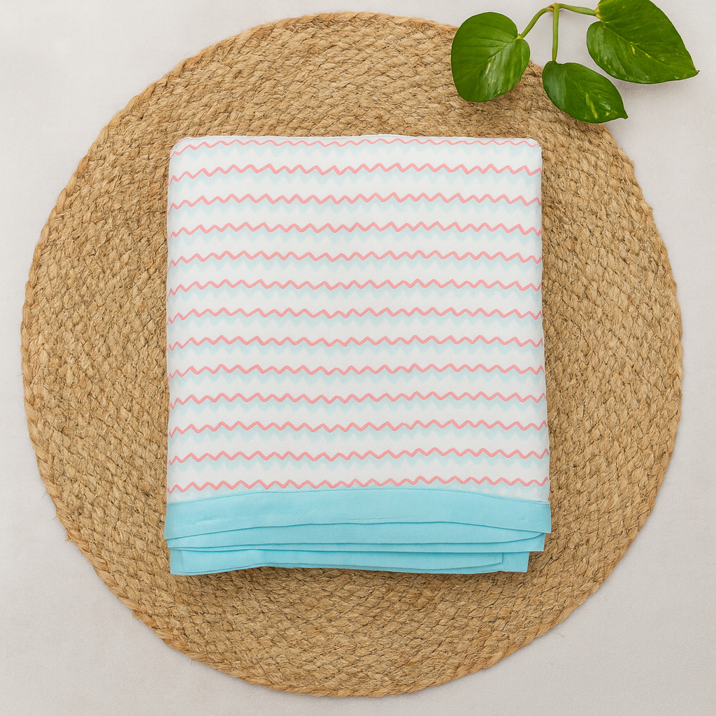 Pure Organic Muslin Baby Blanket Cotton Multi Layer Baby Blanket with Border -blue pink wave print code:NBE